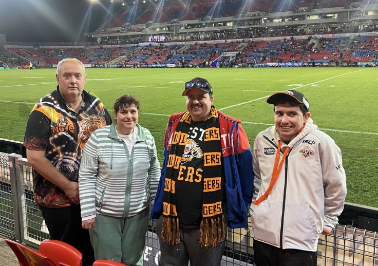 Mark and his friends at the Tigers NRL game celebrating his 50th birthday.